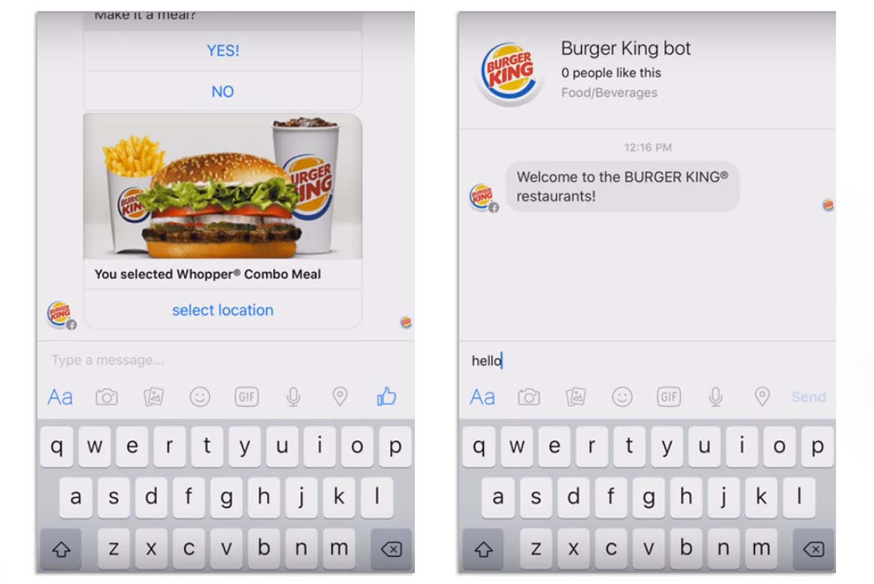 Burger King ใช้ Chat Bot สำหรับรับสั่งอาหารผ่านการแชตในเฟซบุ๊ก โดยเข้าถึงโลเคชั่นของผู้สั่งในทันที 